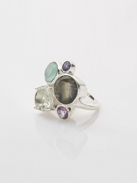 Opulent Cluster Labradorite+GREEN AMETHYST+AQUA CALCEDONY+AMETHYST+IOLITE