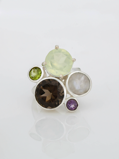 Opulent Cluster SMOKY TOPAZ + PRENITE+ RAINBOW MOONSTONE+ PERIDOT+ AMETHYST