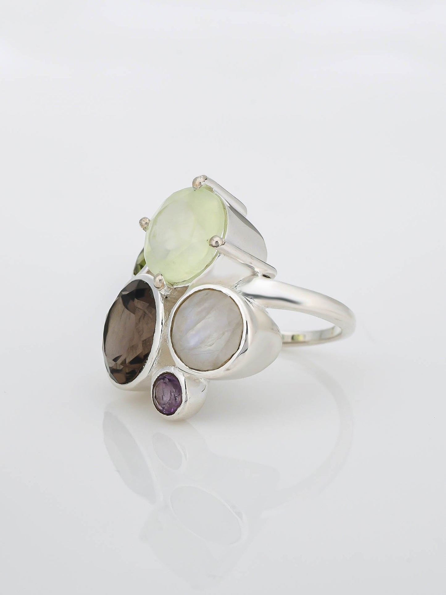 Opulent Cluster SMOKY TOPAZ + PRENITE+ RAINBOW MOONSTONE+ PERIDOT+ AMETHYST